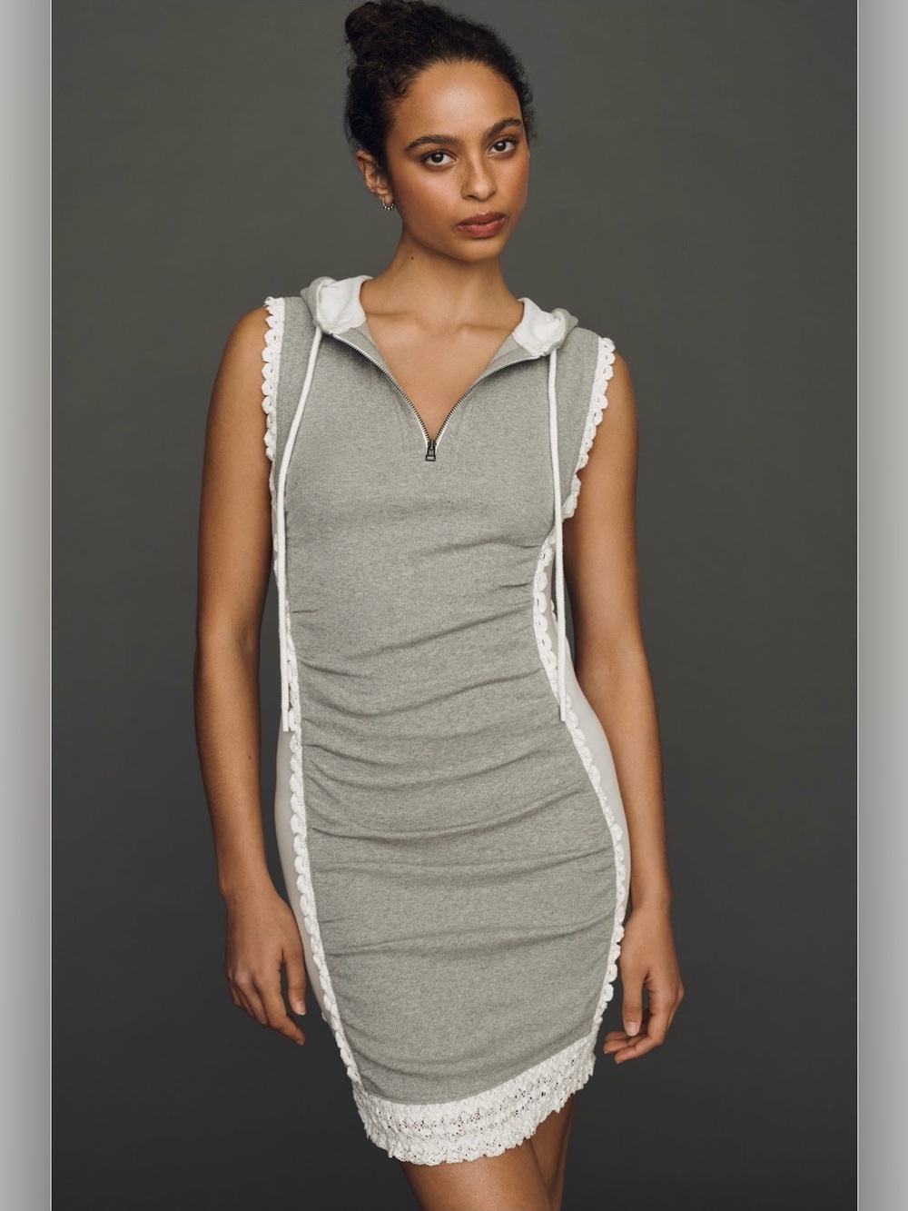 NWT Daily Practice Anthropologie Shandy Lace Hooded Mini Dress Medium Light Grey